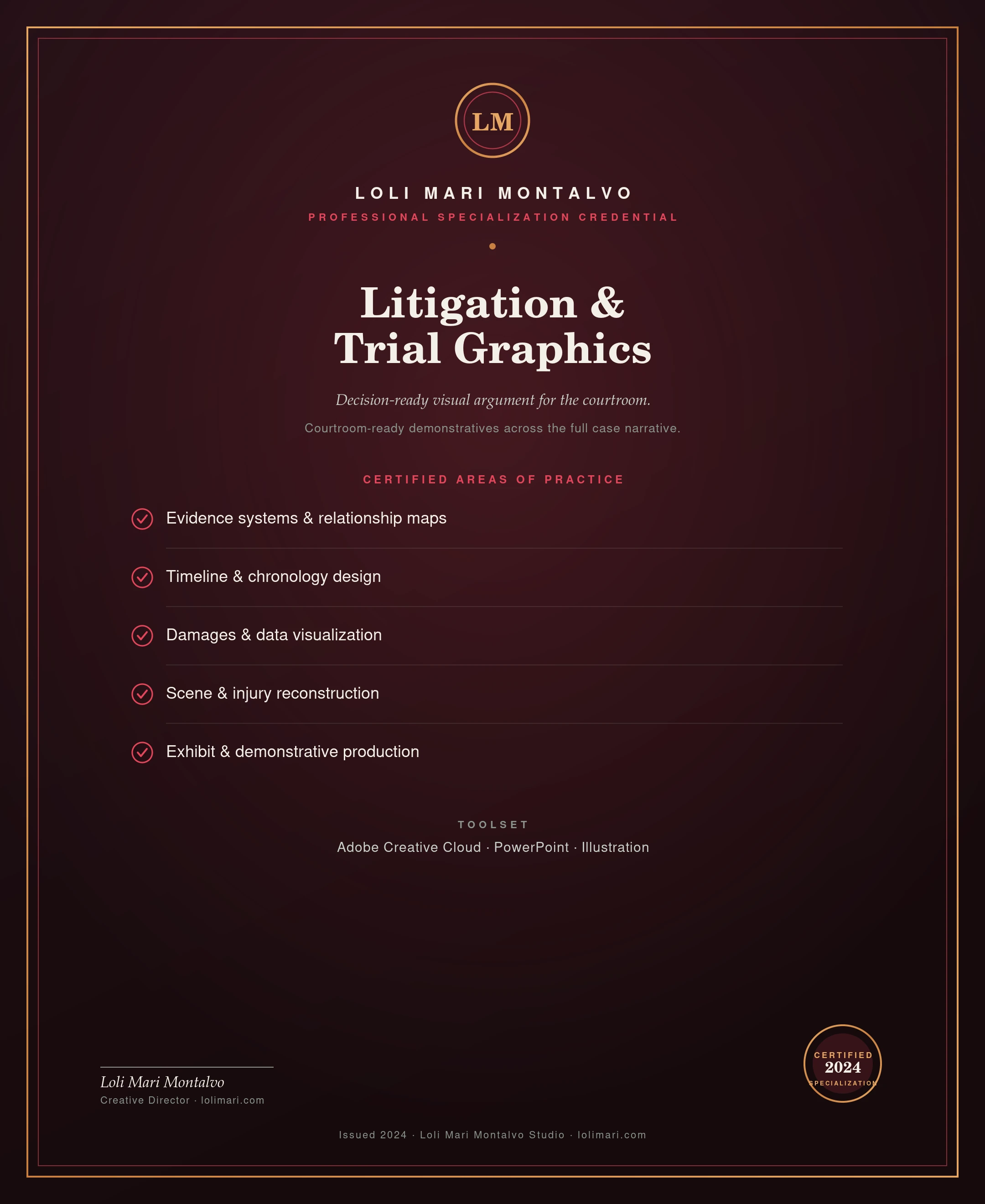 Litigation & Trial Graphics — professional specialization credential, Loli Mari Montalvo