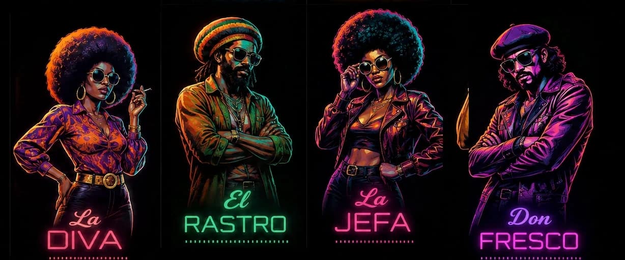 La Diva, El Rastro, La Jefa and Don Fresco in neon — Afrolatinidad Es series