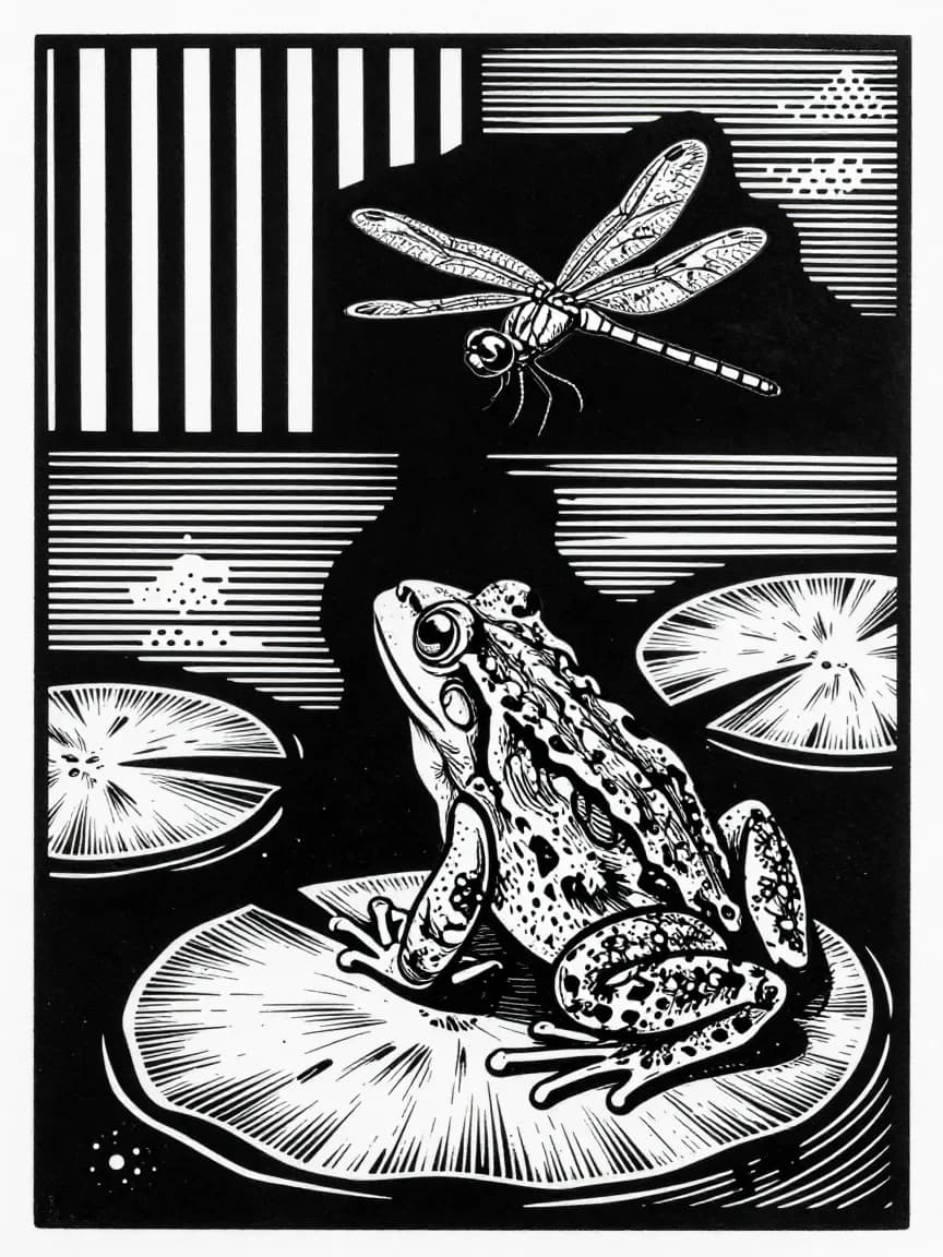 Linocut Menagerie — Frog & Dragonfly