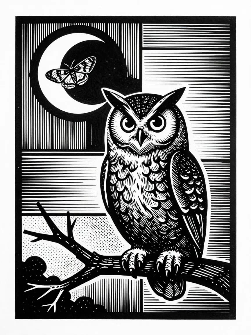 Linocut Menagerie — Owl & Moth