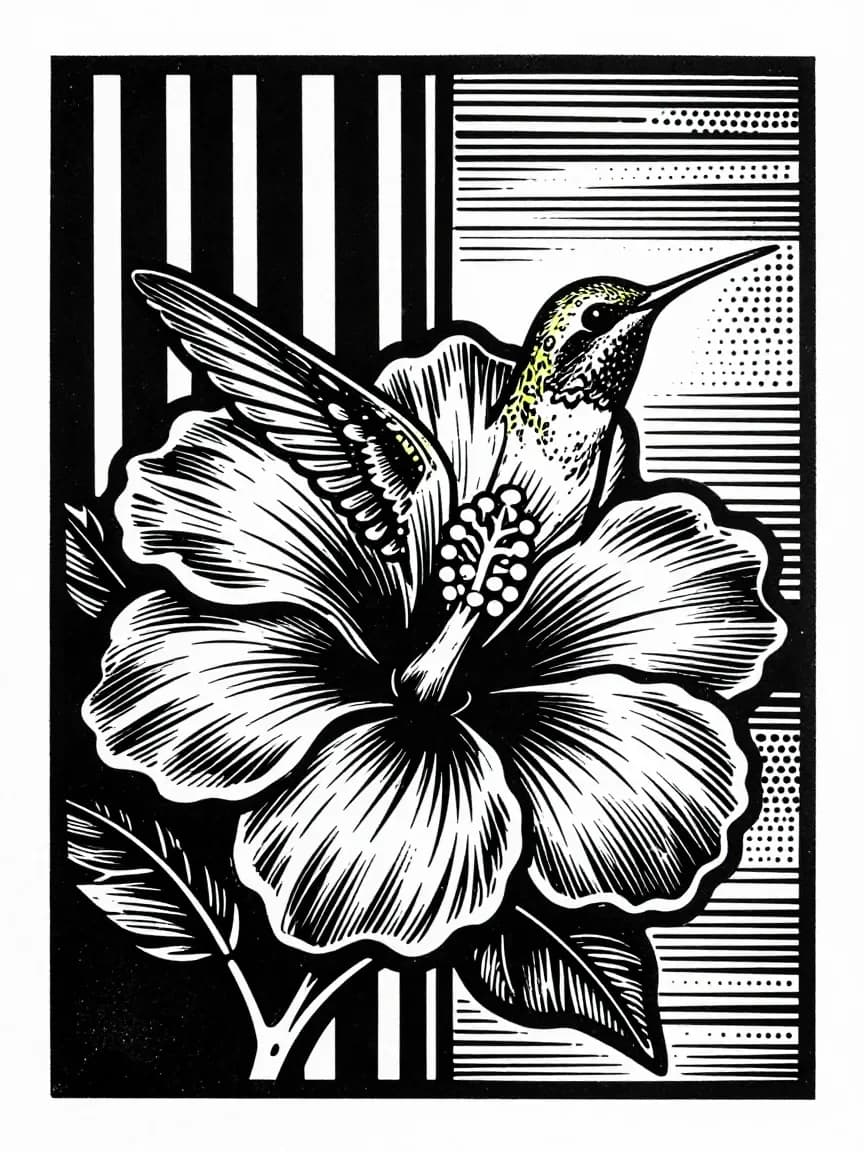 Linocut Menagerie — Hummingbird & Hibiscus