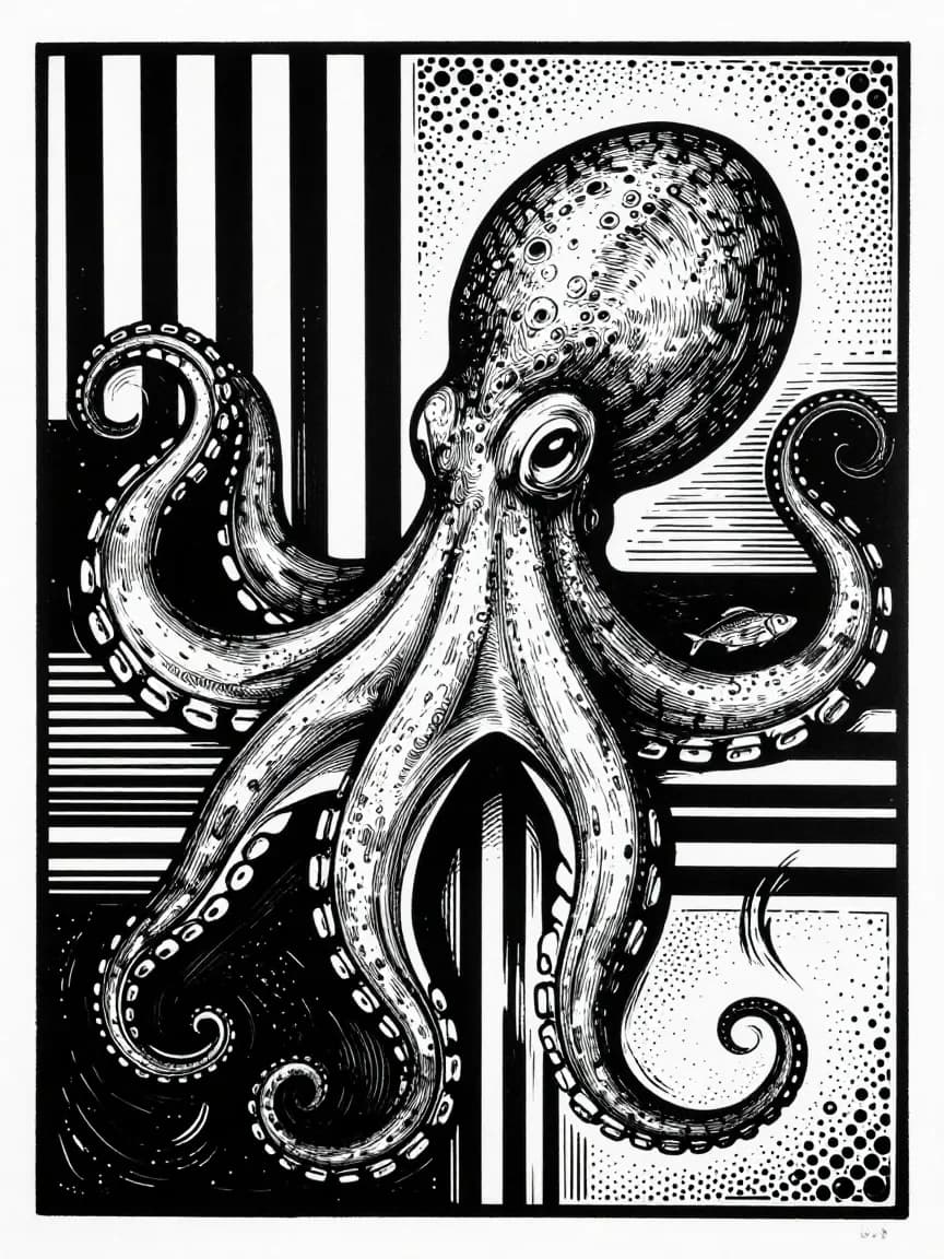 Linocut Menagerie — Octopus & Fish