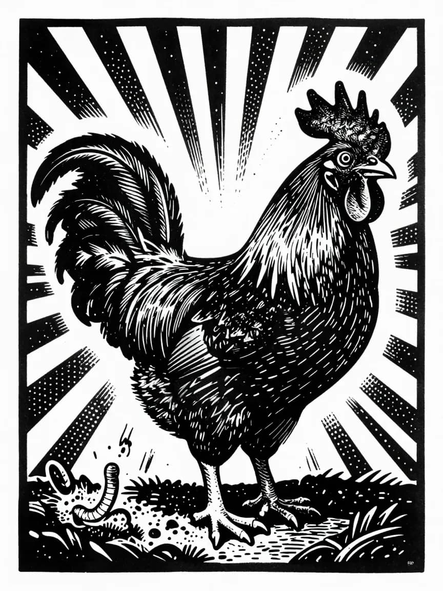 Linocut Menagerie — Rooster & Worm