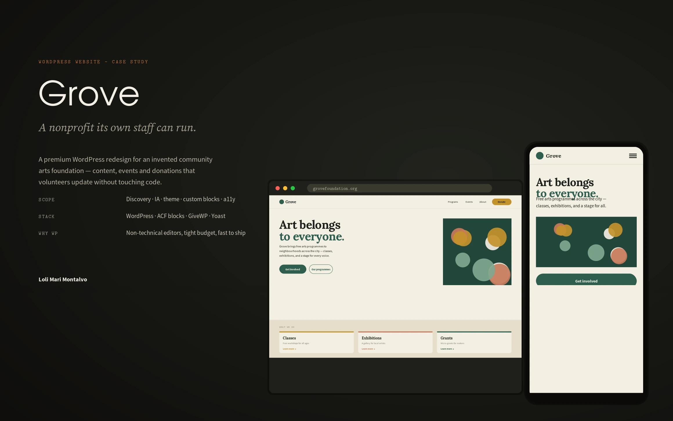 The site — warm, current, self-served — full case study cover