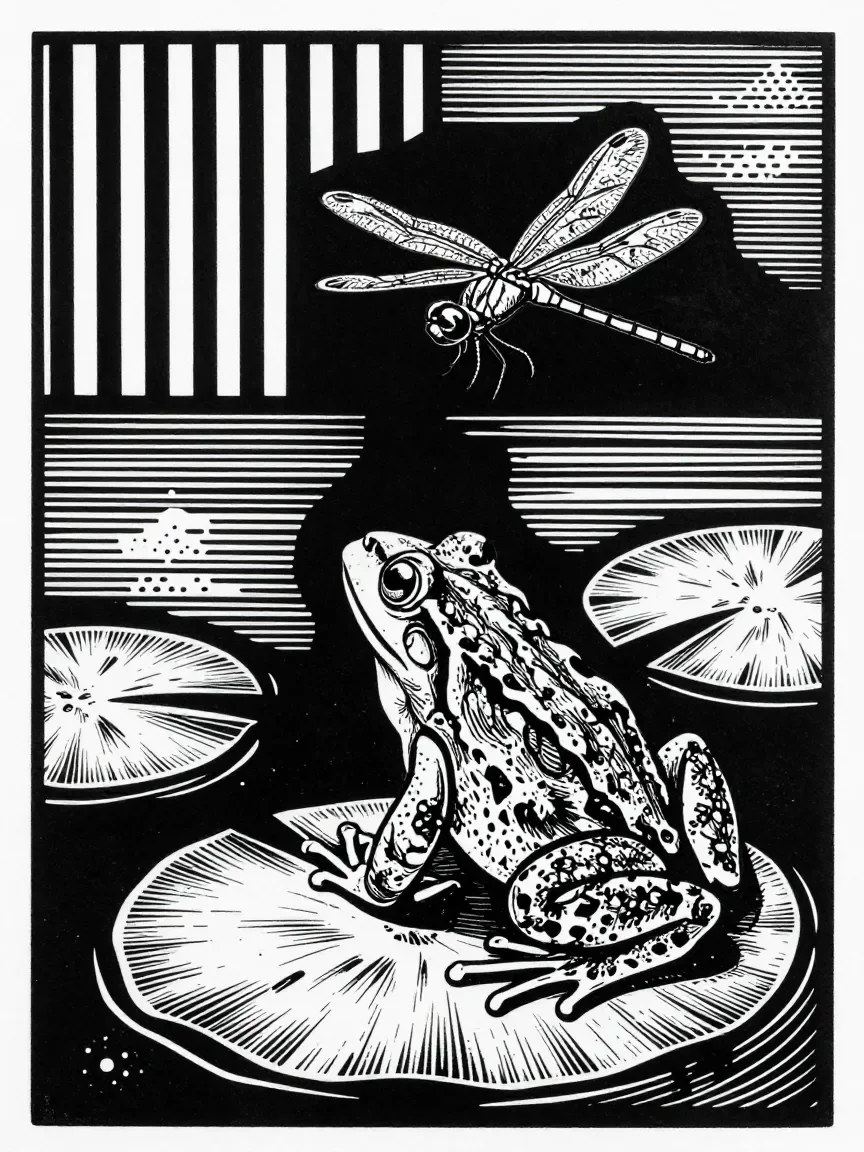 Linocut Menagerie — Frog & Dragonfly