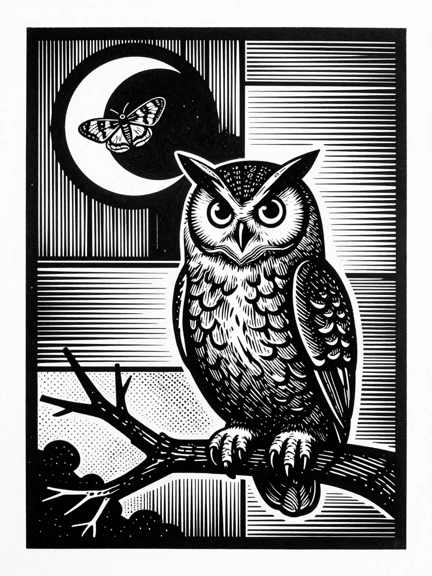 Linocut Menagerie — Owl & Moth
