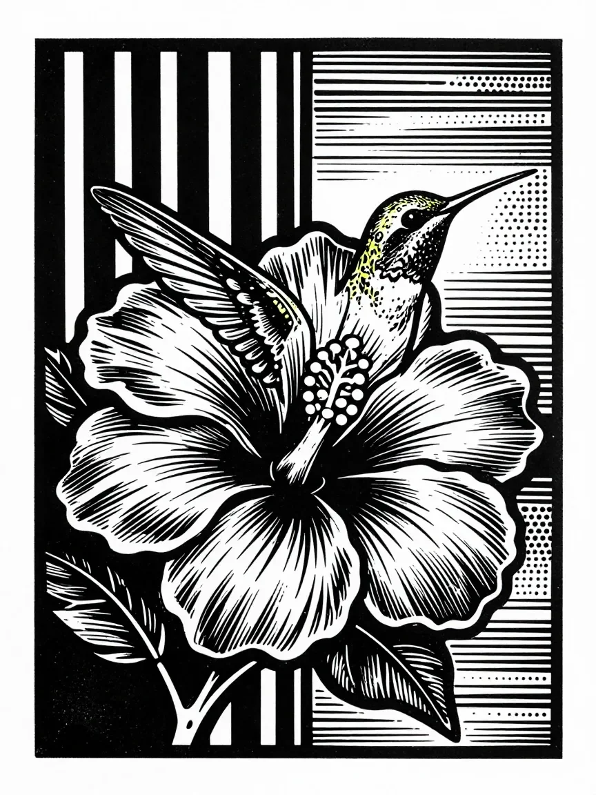 Linocut Menagerie — Hummingbird & Hibiscus