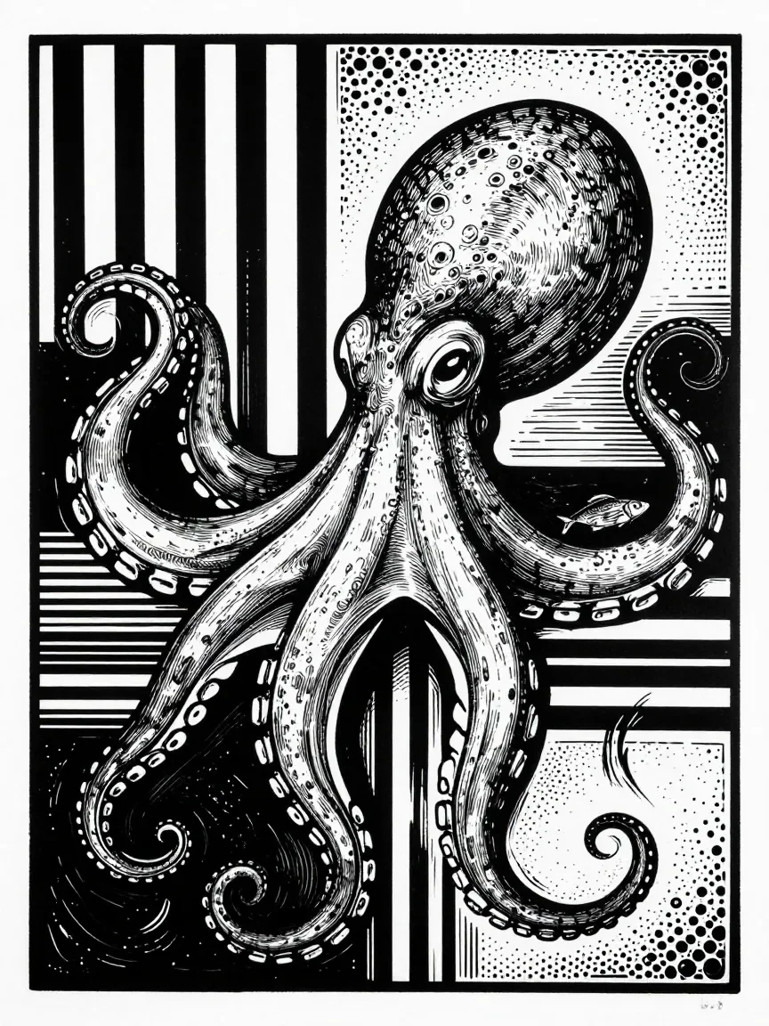 Linocut Menagerie — Octopus & Fish