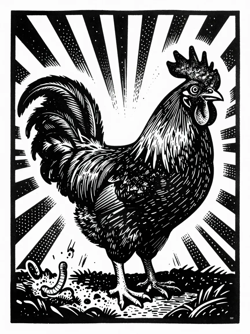 Linocut Menagerie — Rooster & Worm